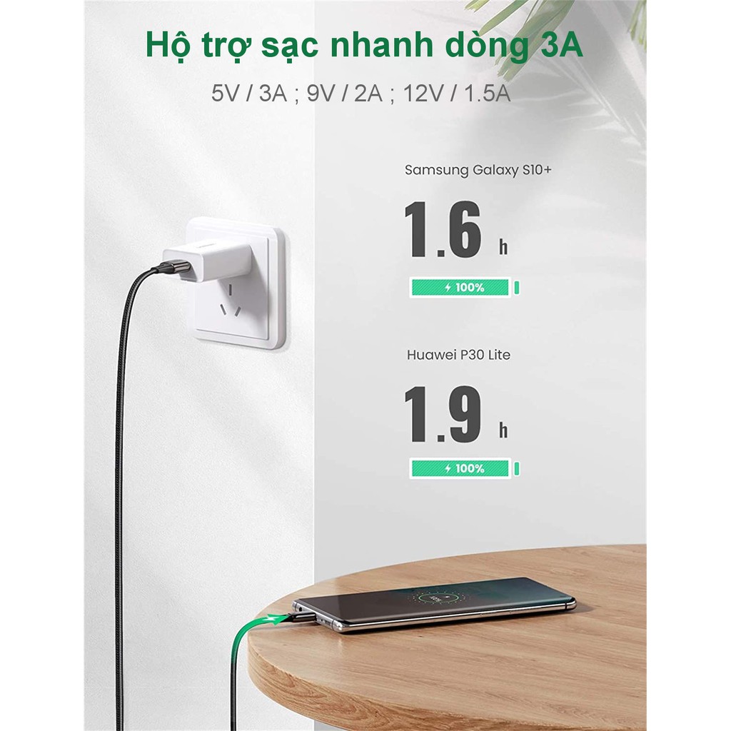 Cáp sạc nhanh USB 2.0 sang USB type C UGREEN US330 hỗ trợ dòng sạc 3A dạng dẹt dài 1m