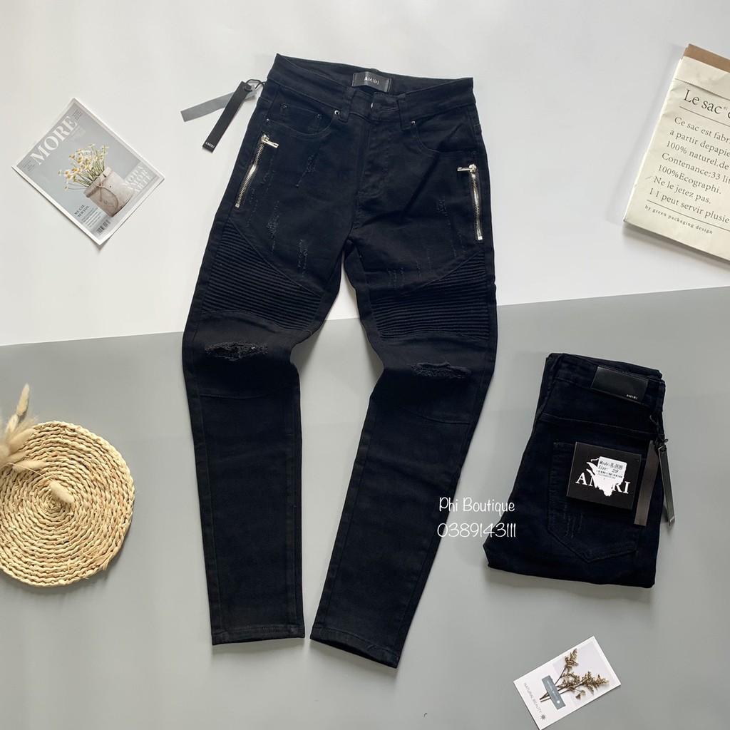 Quần Bò Amiri Đen Vải Nhăn Phối Khoá Dọc Đùi Cực Sang | BigBuy360 - bigbuy360.vn