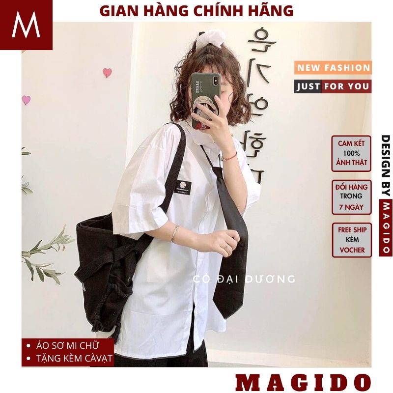 (QUÀ TẶNG LÀ DÂY BUỘC TÓC) áo sơ mi nữ kèm cà vạt 💚 áo sơ mi thêu hoa cúc, thêu gấu nữ trắng cực xinh, kèm cà vạt MAGIDO | BigBuy360 - bigbuy360.vn
