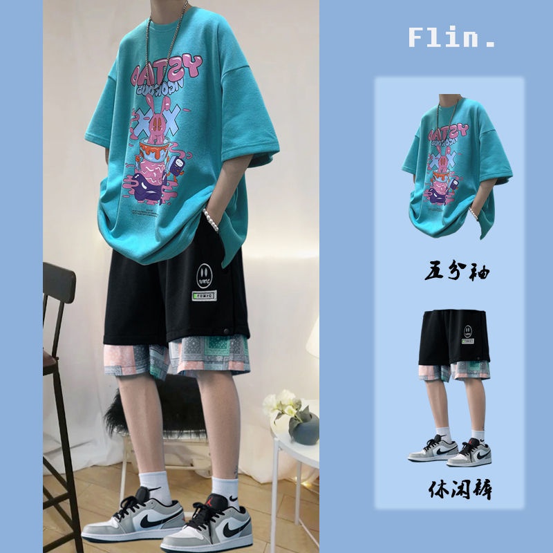 Set áo thun tay ngắn + quần short dáng rộng size lớn phong cách Hàn Quốc cho nam giới