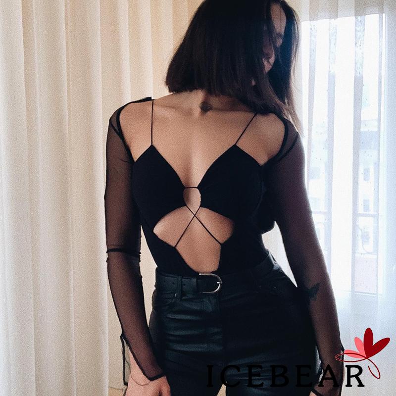 Áo Liền Quần Tay Dài Màu Trơn Hở Lưng Phối Lưới Thời Trang Cho Nữ