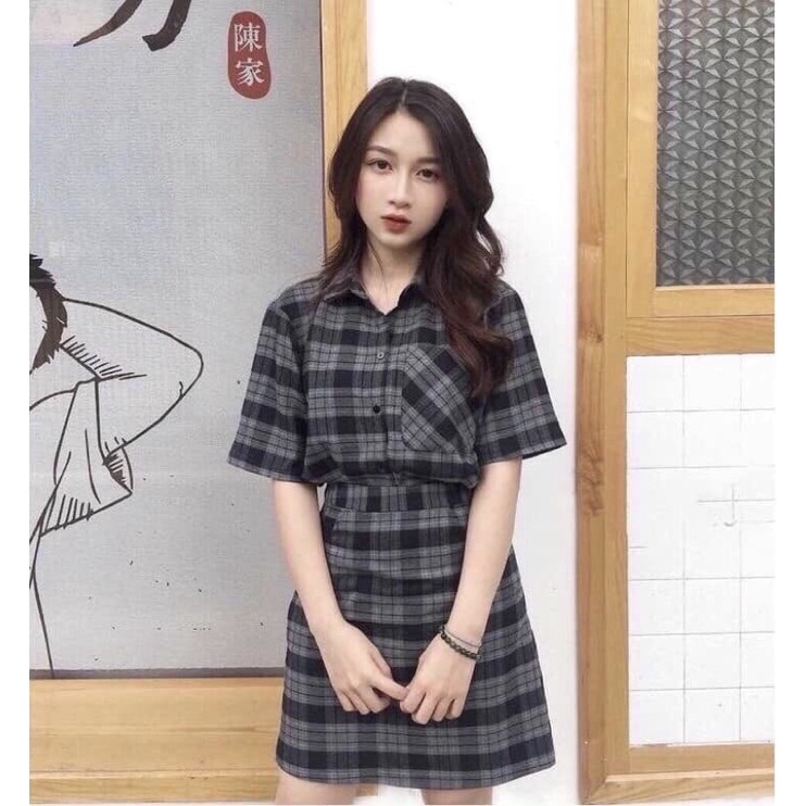 Set đầm nữ sọc caro xanh đen chuẩn form thời trang cực tôn dáng