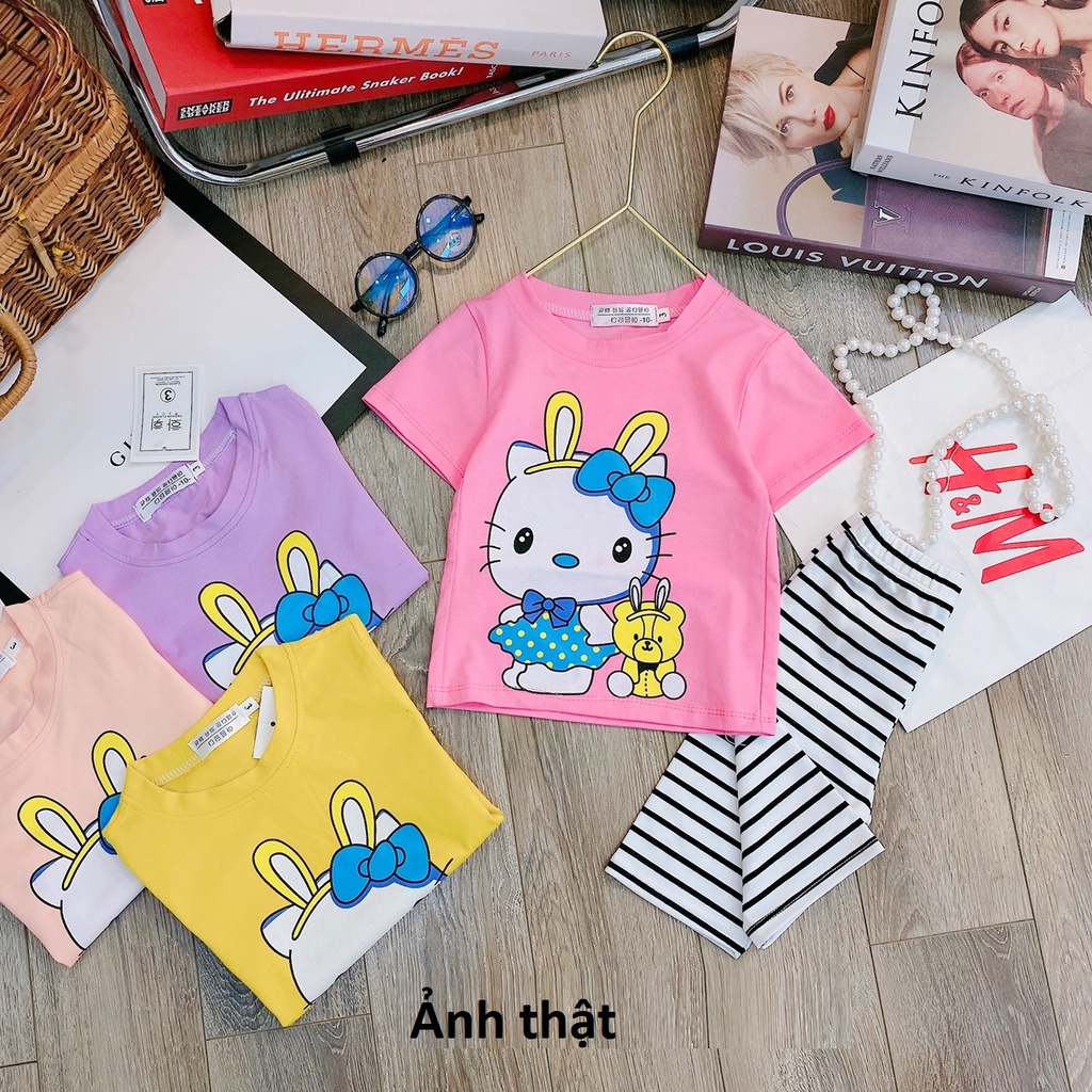 Bộ bé gái cotton tầu mèo Kitty quần legging ngố đùi kẻ sọc nhí đại 8-35kg XHN918