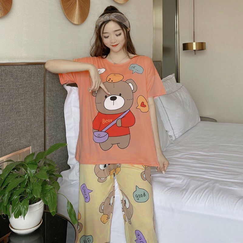 [SẴN] Đồ Bộ Ngủ Thun Quần Dài, Đồ Mặc Nhà Hàng Quảng Châu, Pijama Hoạt Hình chú gấu Bear