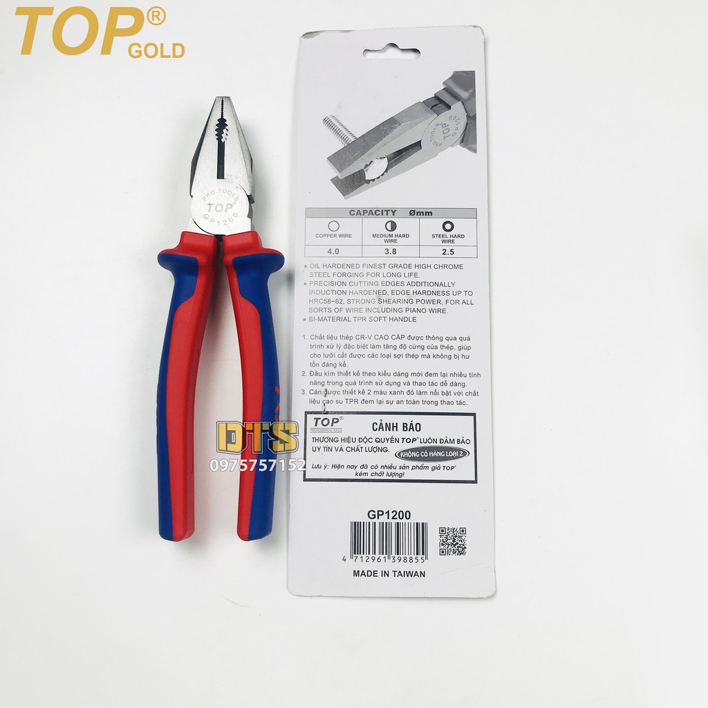 Kìm điện trợ lực chuyên nghiệp TOP GOLD 200mm, thép Hi-Cr cao cấp, thiết kế cộng lực tiết kiệm 50% lực bấm