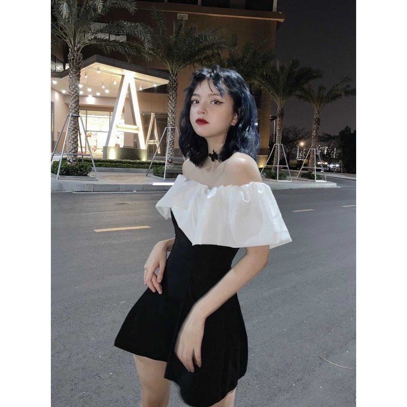 Váy Tiểu Thư Hở Vai Phối Ngực Trắng - BaoBao.Clothing Nữ [FREESHIP] - Đầm dáng ngắn ôm body, trễ vai tay bồng bánh bèo