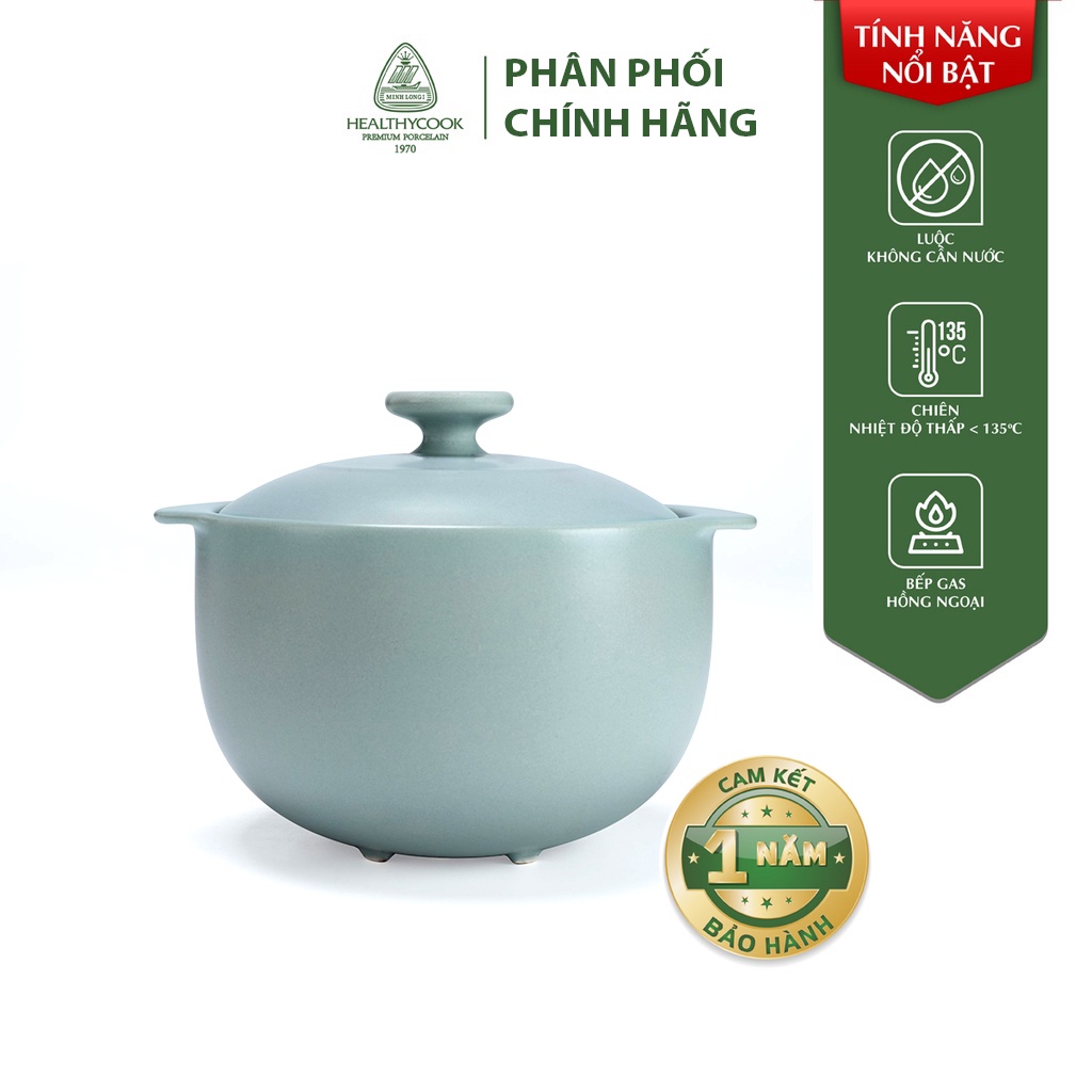 Nồi Sứ Dưỡng Sinh Minh Long (Bếp Gas) Vesta_Màu Xám_(tròn cao, có chân), Dùng Cho Bếp Gas, bếp hồng ngoại_Healthy cook
