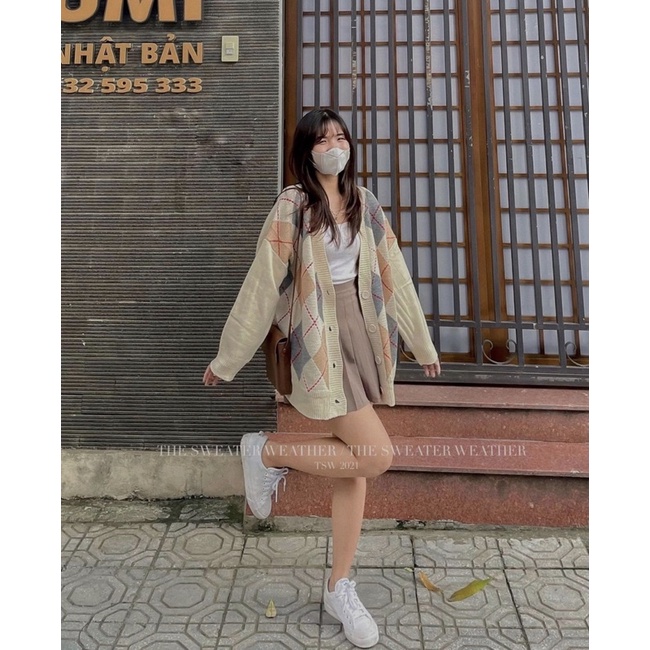 Áo khoác CARDIGAN len kẻ trám dày dáng rộng oversize