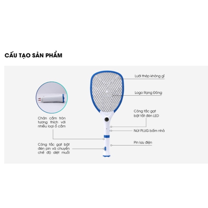 Vợt bắt muỗi Rạng Đông cao cấp, có đèn chiếu sáng, tiết kiệm điện năng – HÀNG CHÍNH HÃNG