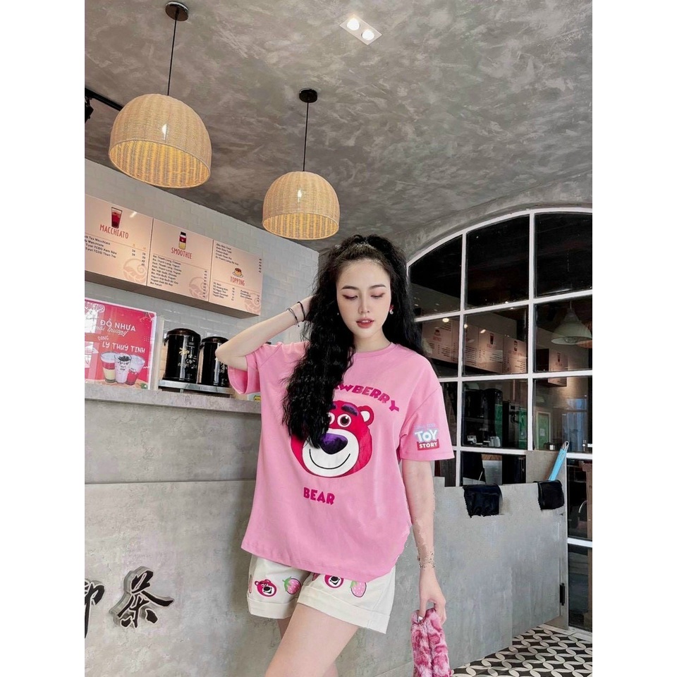 Set áo thun gấu hồng + quần short nude hoạ tiết siêu cute đi chơi dạo phố siêu hợp