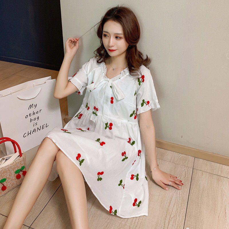 Váy Tiểu Thư, Họa Tiết Cherry, Kiểu Dáng Babydoll