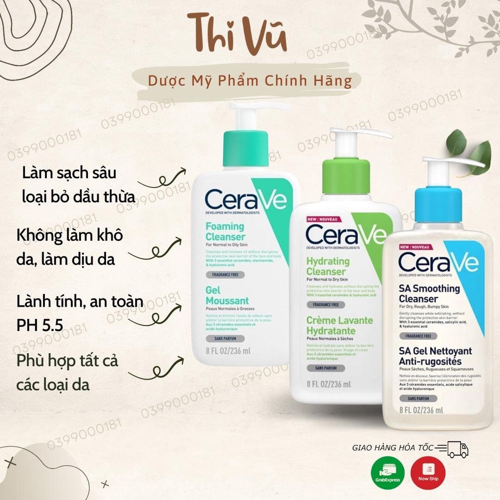 Sữa rửa mặt Cerave cho da dầu da khô ngừa mụn ẩn nhạy cảm dịu nhẹ - Thi Vũ