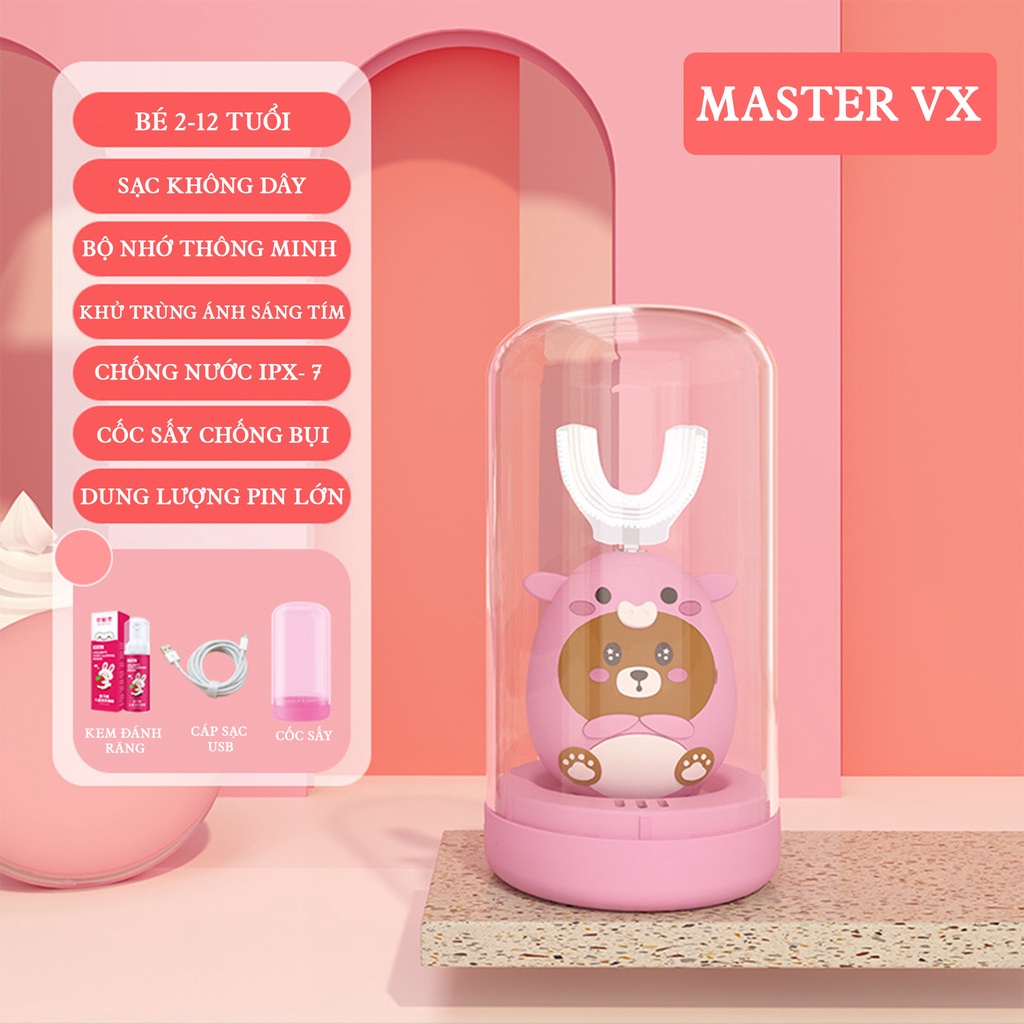 Bàn chải điện cho bé từ 2 tuổi Maser V9, Bàn chải đánh răng điện chữ U silicon an toàn cho bé [TẶNG 01 KEM ĐÁNH RĂNG]