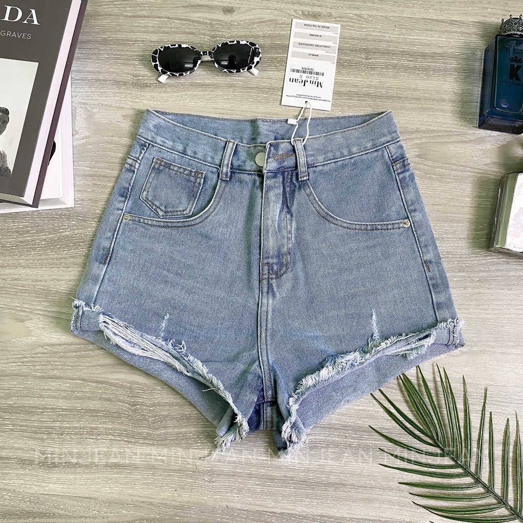 Quần Short Jean Nữ Dáng Chữ A MinJean MS22 Xanh Tôn Dáng, Quần Sooc Bò Lưng Cao Siêu Hack Dáng Cute