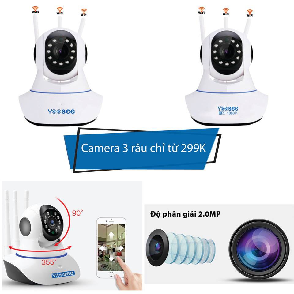 Camera ip Yoosee Ban đêm có màu camera 3 râu hỗ trợ tiếng việt tùy chọn kèm thẻ 32,64,128GB 1080 FULL HD bảo hành 5 năm