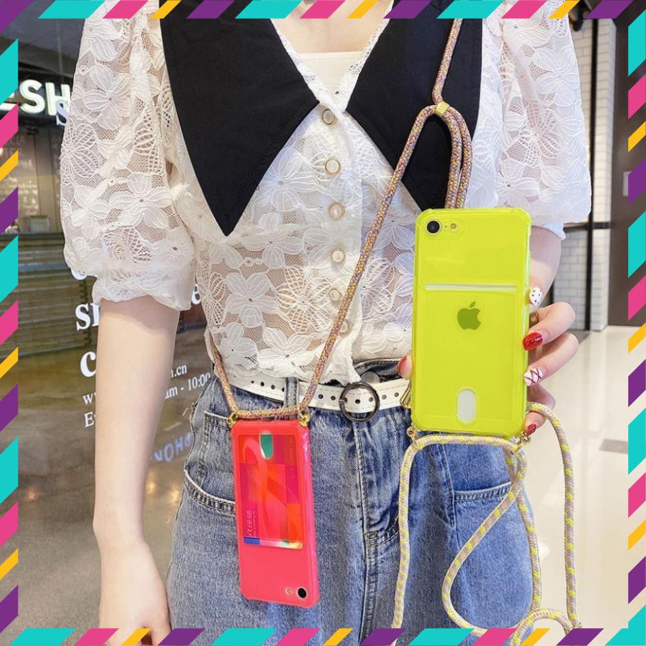 Ốp điện thoại mềm có dây đeo màu trong suốt dạ quang có ngăn đựng thẻ cho iPhone