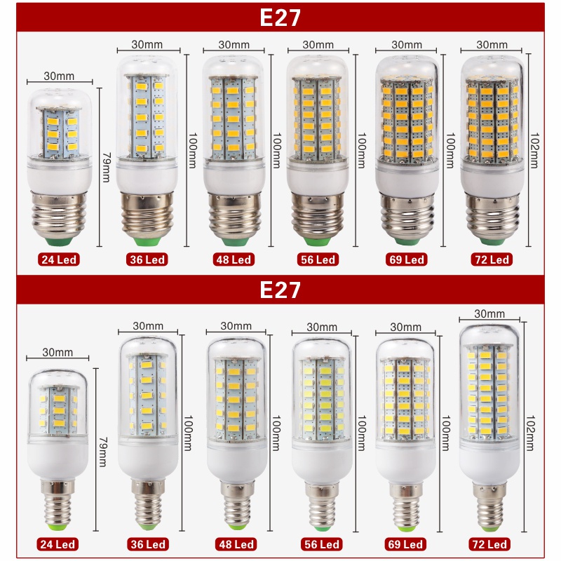 Bóng Đèn LED Bắp Ngô E27 E14 24 36 48 56 69 72LEDs SMD5730 220V