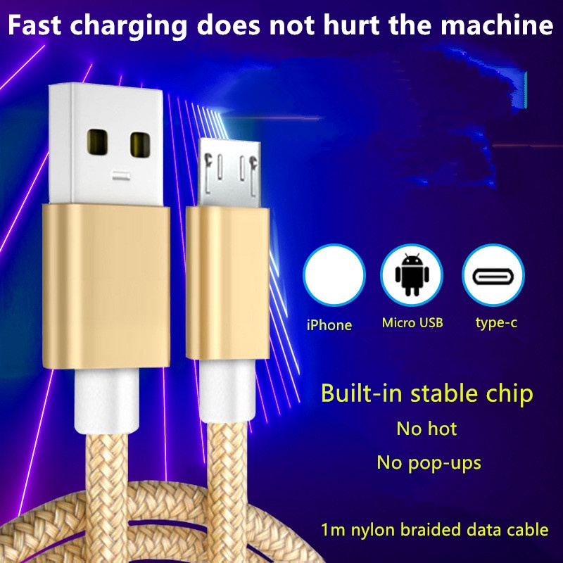 Cáp sạc TYPE- C micro USB 2Acáp dữ liệu1m nylon bện điện thoại di động nhanh thích hợp cho Xiaomi Redmi Samsung Android