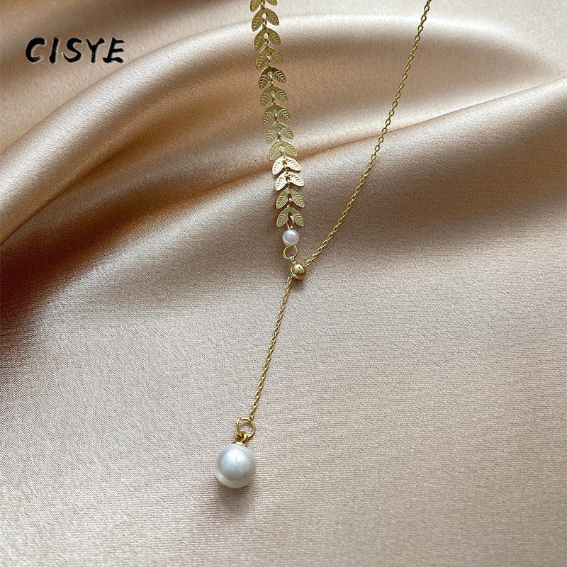 Dây chuyền thiết kế hình lá lúa mì phối mặt đính hạt ngọc trai nhân tạo có thể điều chỉnh thời trang cho nữ