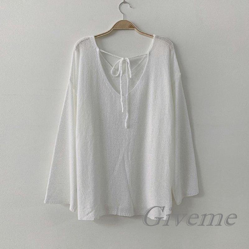 GIVEME-Women Loose Tops, Solid Color V-Neck Long Sleeve Tie-Up Knitted Pullover for Spring Summer, White/Black