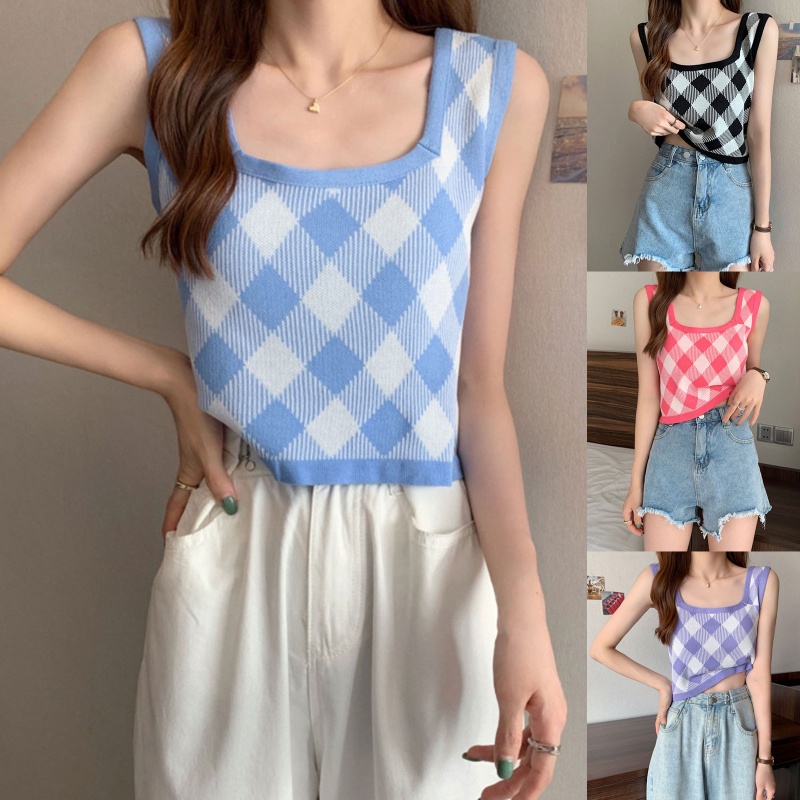 Brroa Áo Croptop Dệt Kim Không Tay Màu Sắc Tương Phản Họa Tiết Kim Cương Cổ Điển Thời Trang Mùa Hè Cho Nữ
