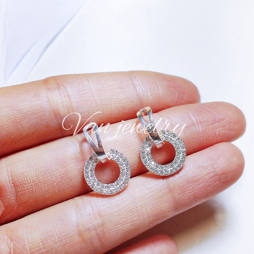 Khuyên tai bạc khuyen tai mặt tròn, mặt vuông nạm đá trắng lấp lánh sang chảnh