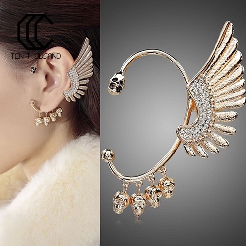 T 💎Punk Gothic Rhinestone Wing Skulls Ear Cuff Clip Hook Earring for Left Ear