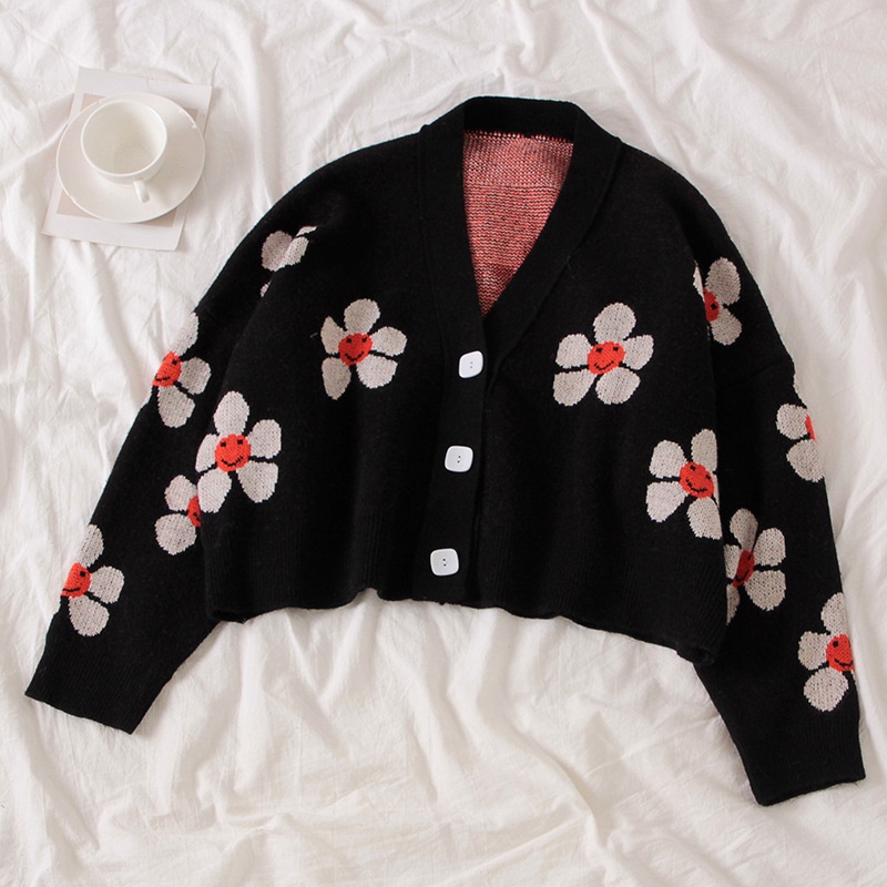 Khoác Len Cardigan Hoa Nhí | Áo Len Nữ Cardigan Croptop Cổ V Họa Tiết Hoa Nhí Dài Tay Xinh Xắn Ulzzang 2021 | BigBuy360 - bigbuy360.vn