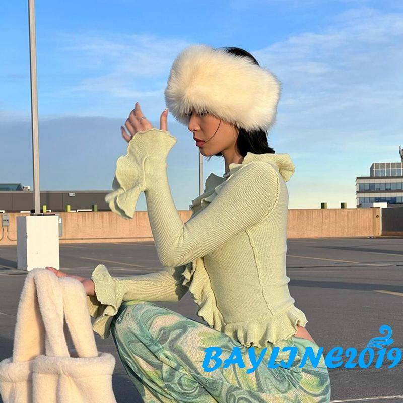 Áo Croptop Tay Dài Màu Trơn Phối Bèo Cài Nút Đơn Giản Hợp Thời Trang Cho Nữ