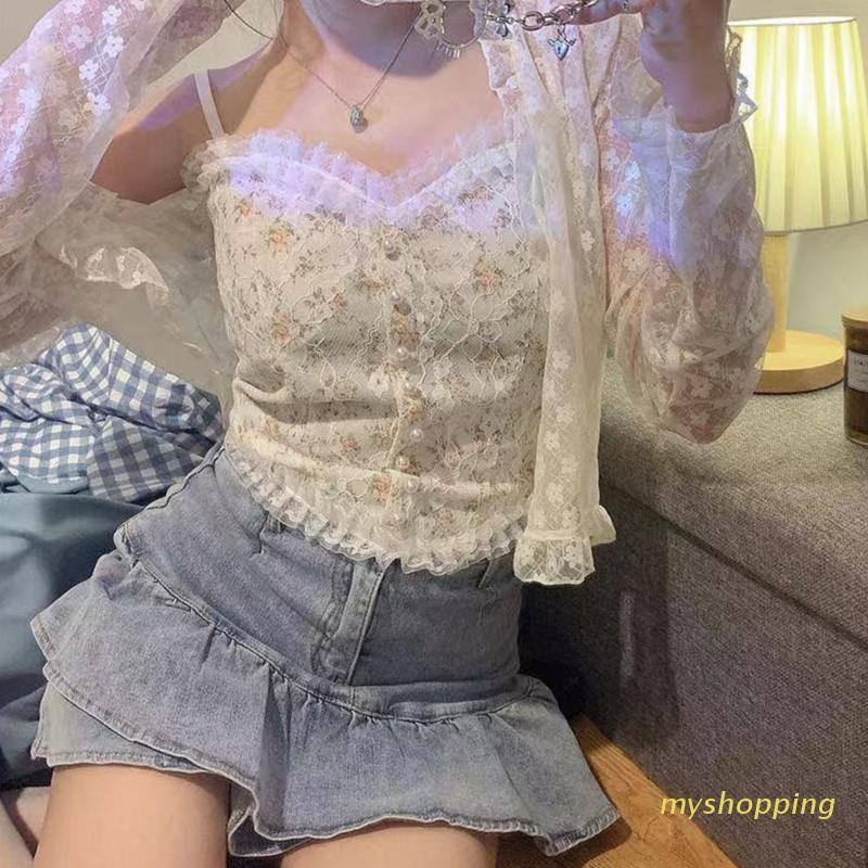 Áo hai dây co giãn họa tiết ren hoa thời trang gợi cảm cho nữ