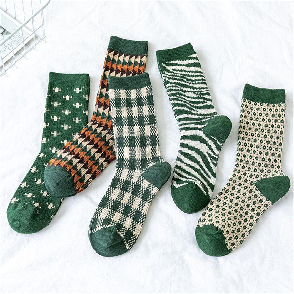 Set 5 Đôi Tất Dệt Kim Chất Liệu Cotton Thoải Mái Thời Trang Cho Nữ