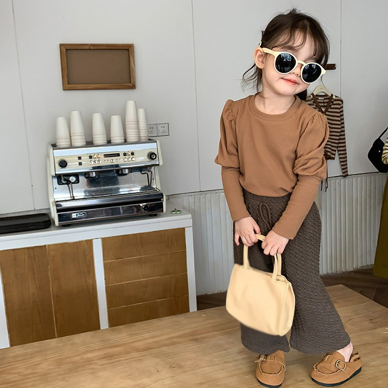 Áo Thun Cotton Tay Phồng Kẻ Sọc Ngang Phong Cách Hàn Quốc Thời Trang Mùa Thu Cho Bé Gái