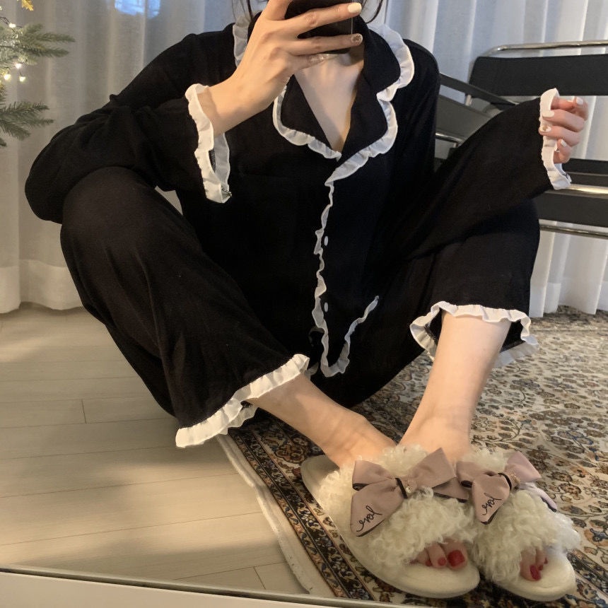 Bộ Đồ Ngủ Tay Dài Phong Cách Hàn Quốc Đơn Giản Ngọt Ngào Cho Nữ La124