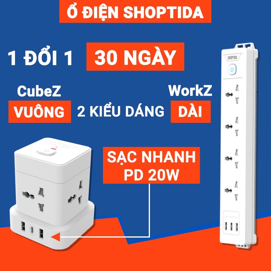 Ổ cắm điện đa năng shoptida có sạc nhanh PD 20W cổng USB + typeC, 4-6 lỗ cắm tải 2500W an toàn chống giật, chịu nhiệt