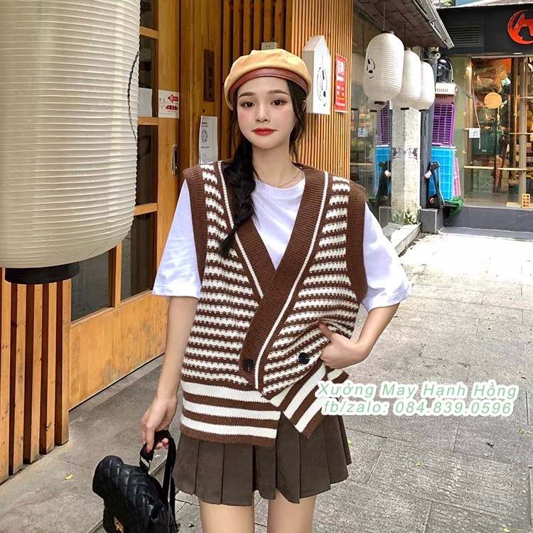 Áo gile len nữ kẻ thu đông Hàn Quốc - Áo gile nữ cổ V dáng rộng hàng Quảng Châu