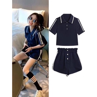 Set thể thao navy quần short áo cổ polo viền sọc