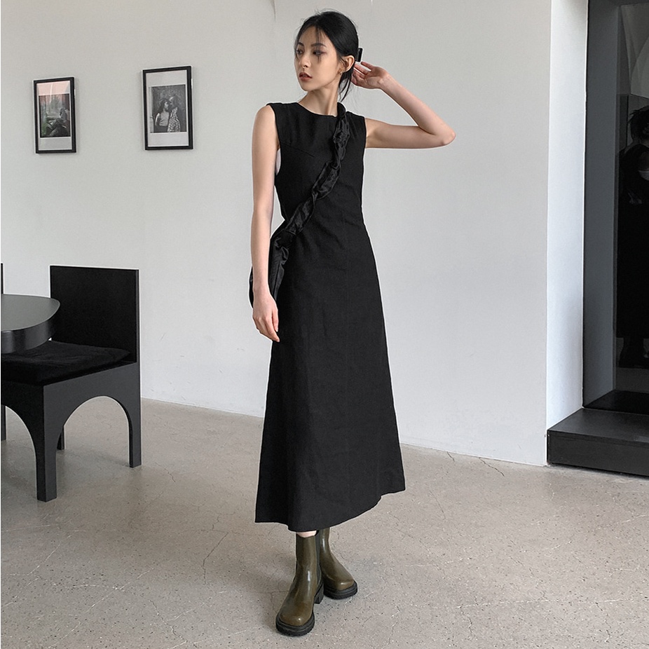 Đầm hai dây ZHELIHANGFEI dáng dài lưng cao màu trơn kiểu retro Pháp thời trang mùa hè