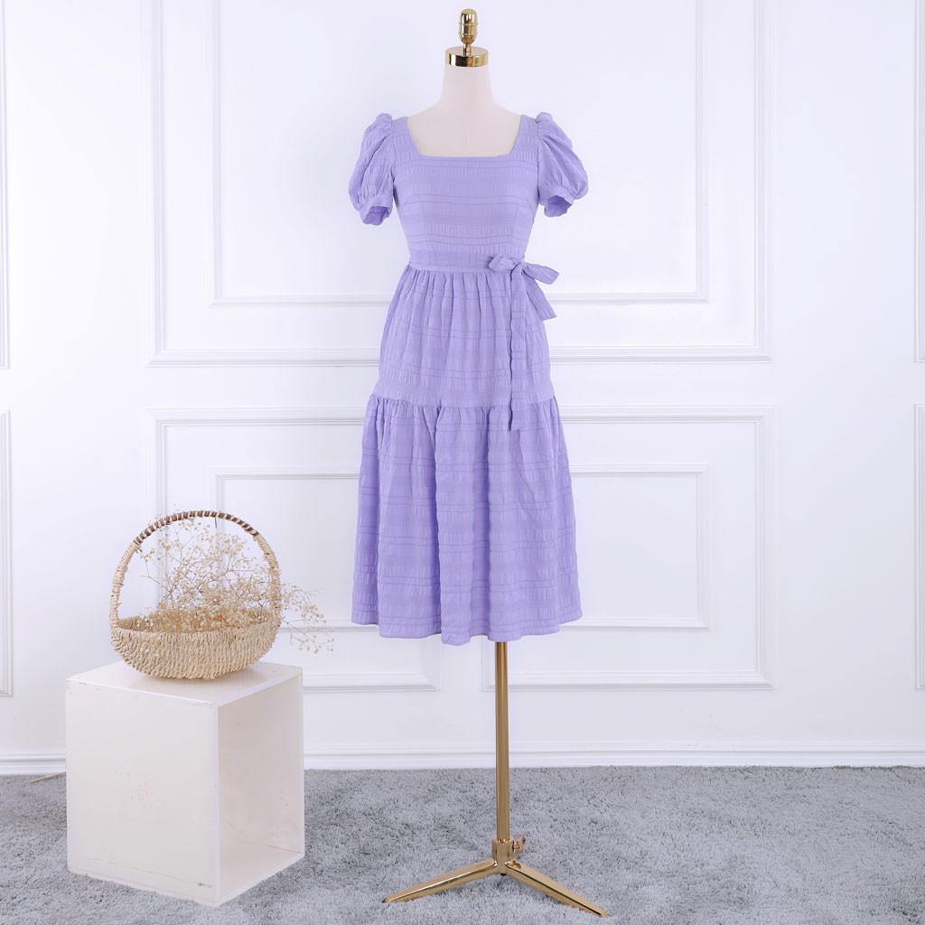 Đầm nữ cổ vuông, tay bồng, thắt nơ eo, thiết kế cao cấp TK FASHION DK911