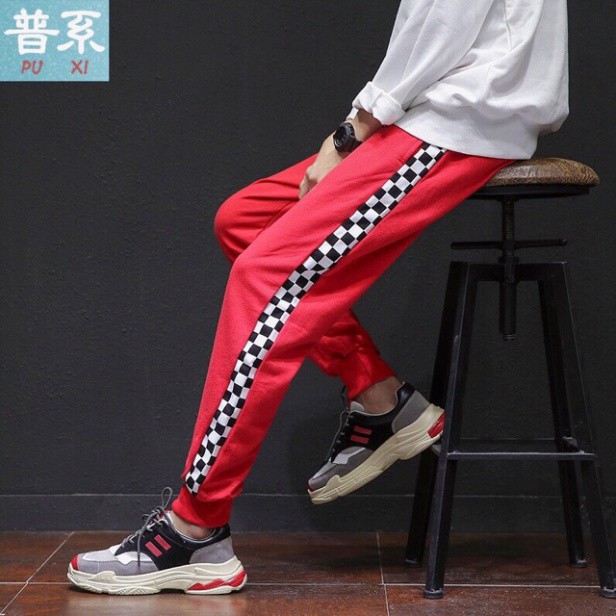Quần jogger nỉ sọc viền caro ống rộng cạp chun bo gấu ba màu cá tính | BigBuy360 - bigbuy360.vn