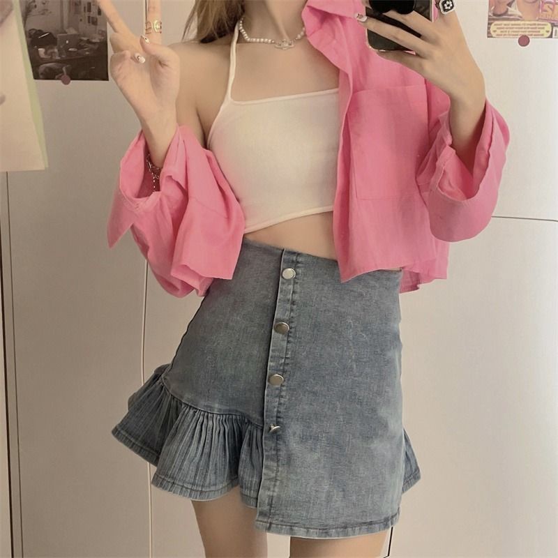 Áo sơ mi ngắn IELGY tay dài màu trơn chống nắng cho nữ