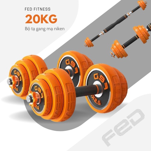 [Mã BMBAU300 giảm 7% đơn 499K] Tạ tay 20 kg, tạ đòn, tạ squat đa năng 4 IN 1. Chất liệu gang mạ niken. FED-8007