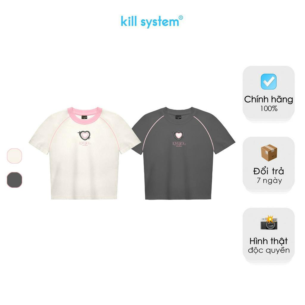Áo thun baby tee Kill System Love Sick màu kem viền hồng chất thun co giãn
