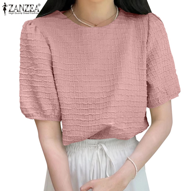 Áo sơ mi Zanzea tay lửng cổ tròn màu trơn sành điệu dành cho nữ