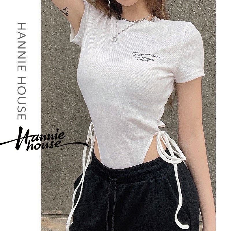 Áo Liền Thân Bodysuit Ngắn Tay Cổ Tròn Họa Tiết Thêu Ngực Cột Dây Eo Cuốn Hút A5288