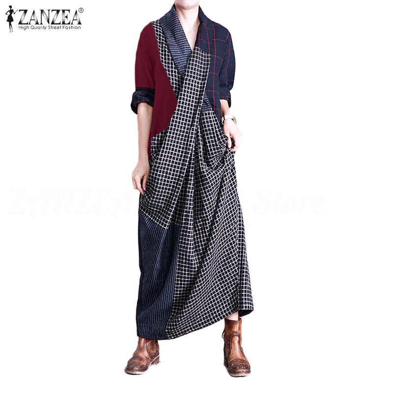 Đầm Zanzea Dáng Dài Cổ Chữ V Hoạ Tiết Kẻ Sọc Thời Trang Cho Phụ Nữ