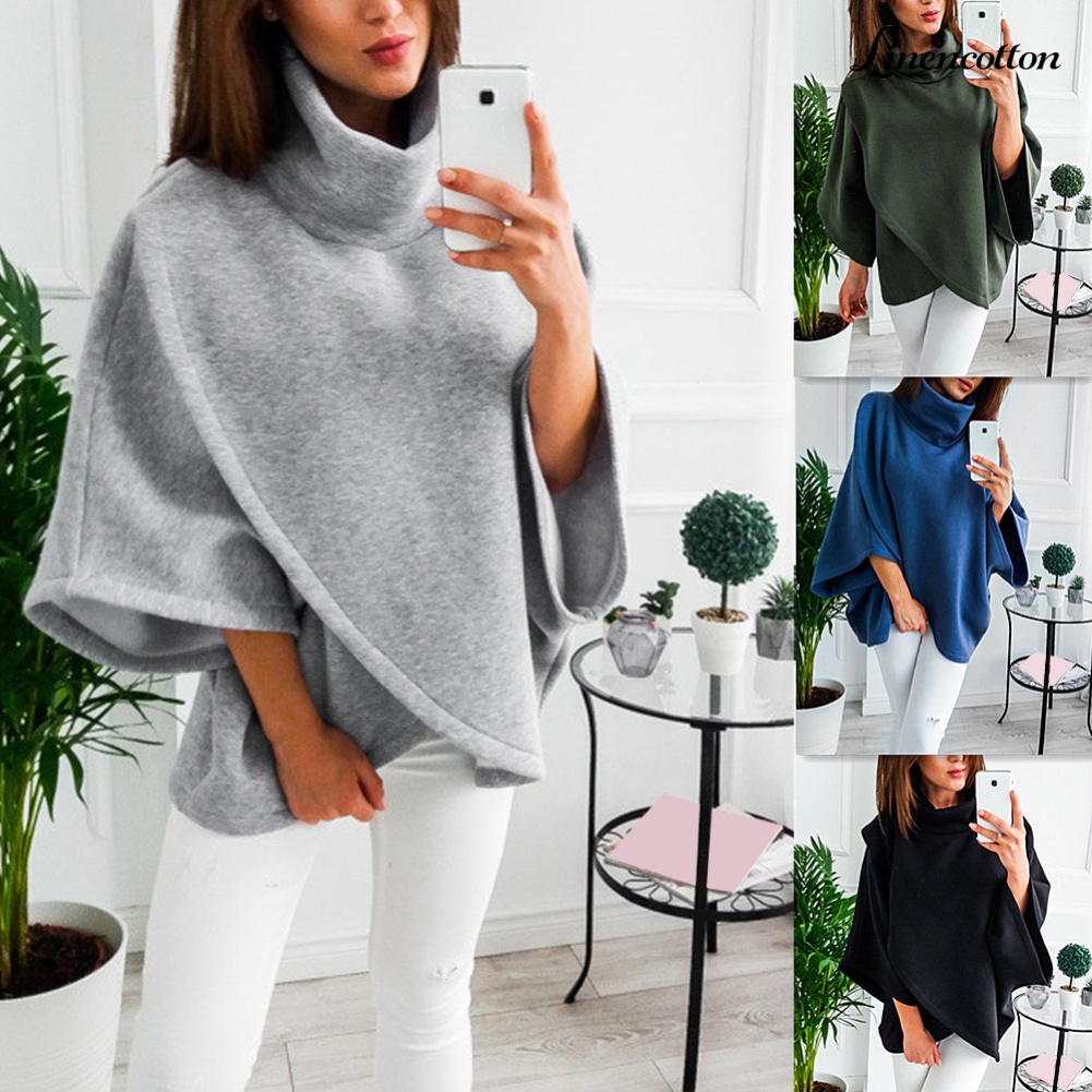 Áo Choàng Poncho Cánh Dơi Cổ Cao Giữ Ấm Cho Nữ