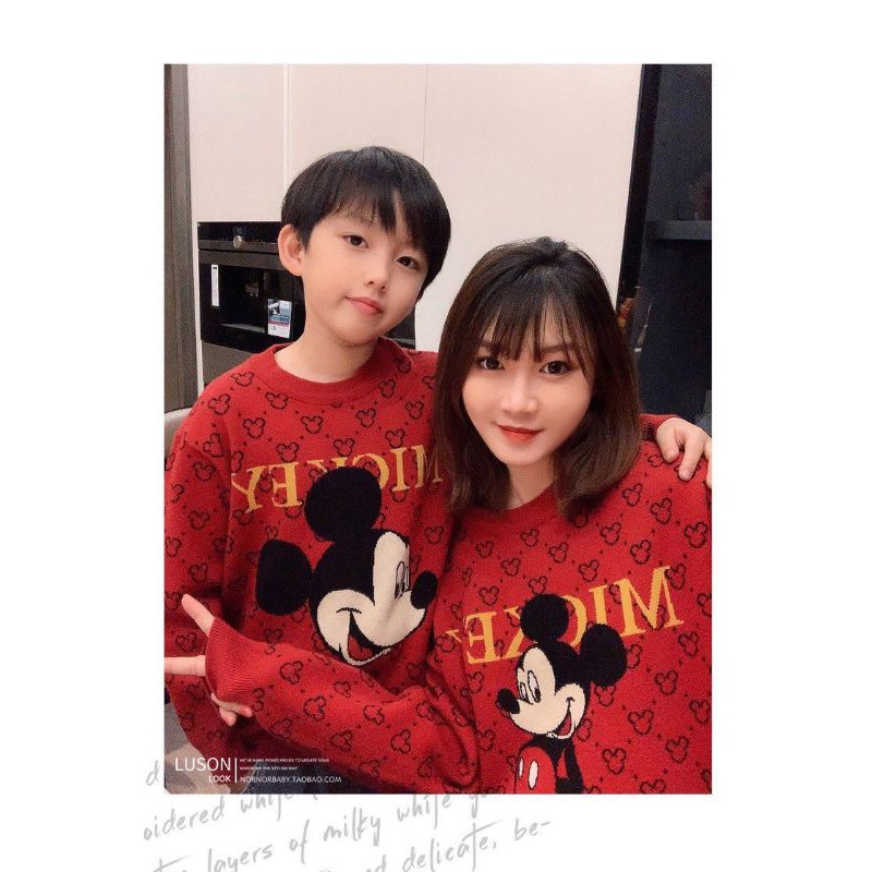 Set áo đỏ nỉ bông hình mickey mặc đôi cho gia đình TL