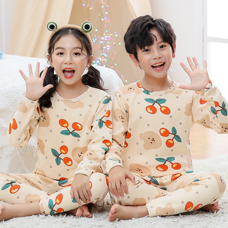 Set đồ ngủ gồm áo dài tay và quần dài lót nhung giữ ấm phong cách Hàn Quốc thời trang thu đông cho trẻ em 100-170cm