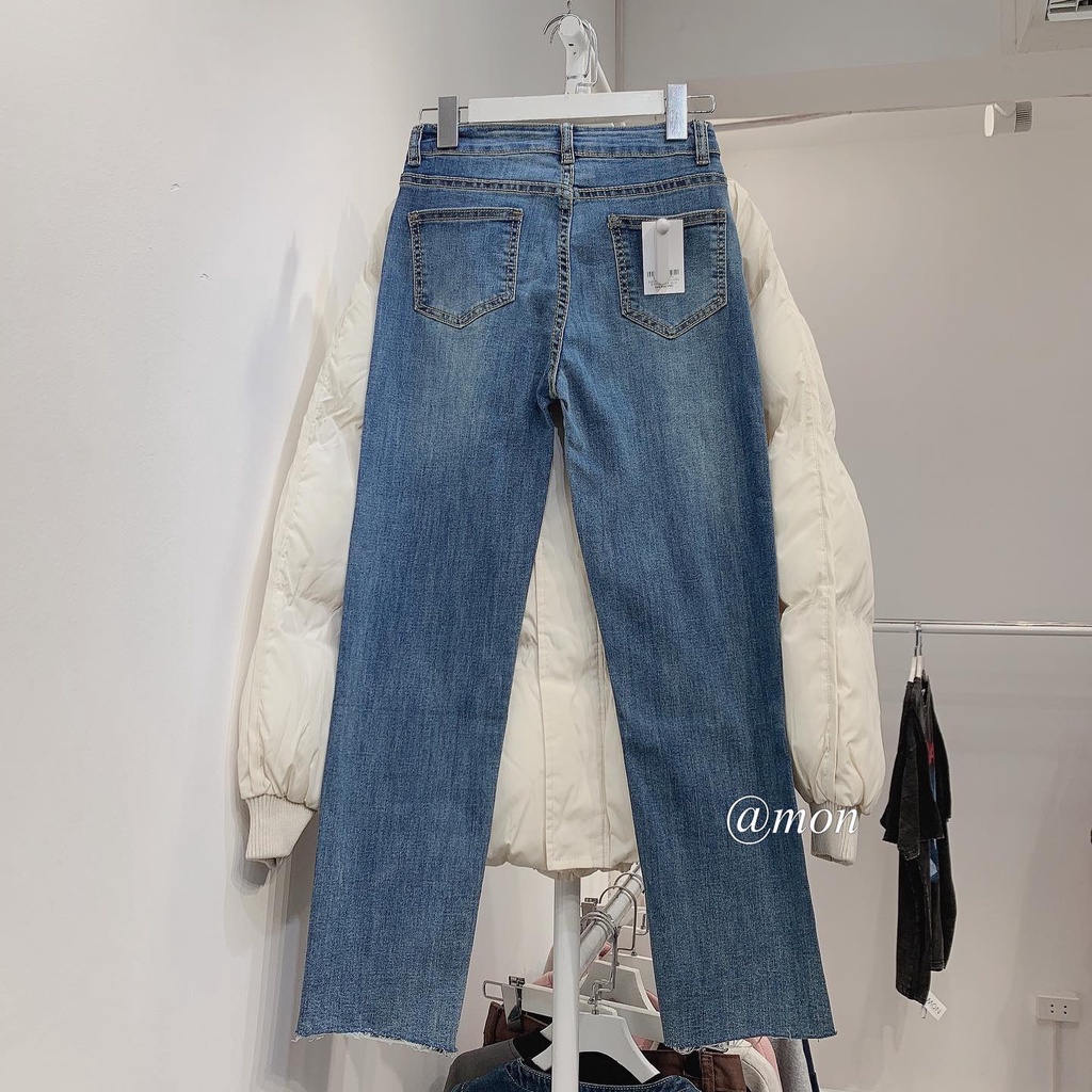 2101394 Quần jeans nữ ulzzang dáng ôm co giãn, chất jeans dày dặn, ống đứng màu xanh có size