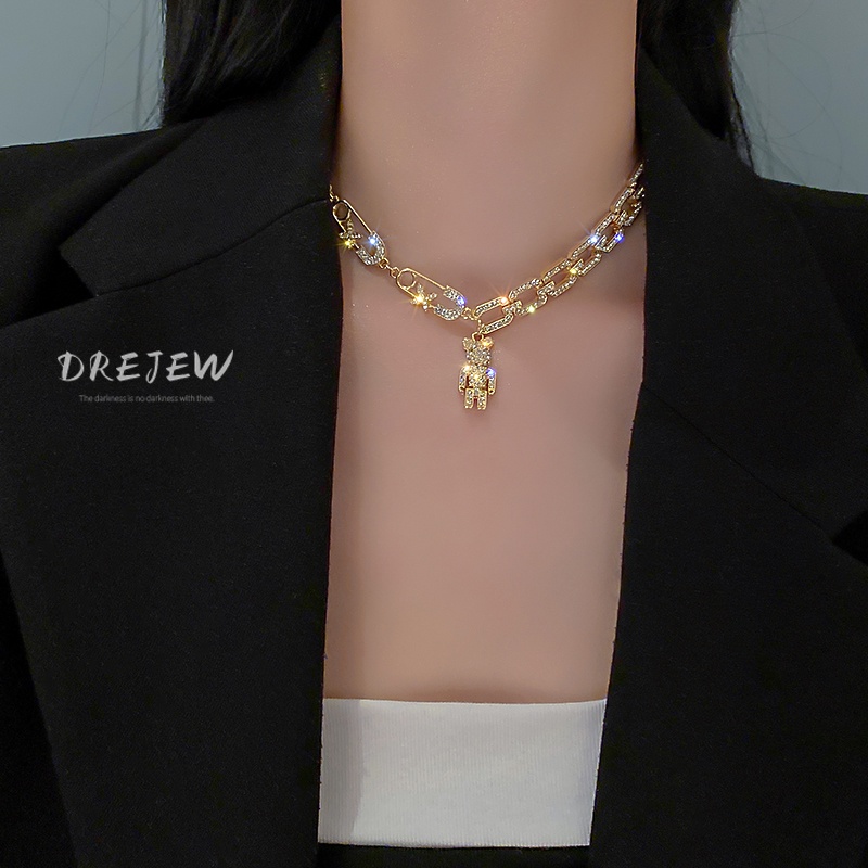 DREJEW Dây chuyền nữ mặt hình gấu dễ thương đính kim cương giả phong cách Hàn Quốc độc đáo